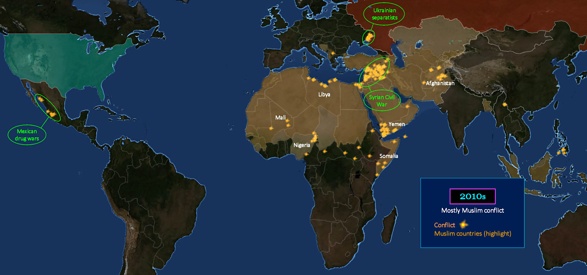 Continuing Muslim world conflict, 2010s map